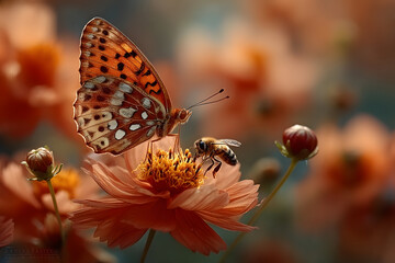 Obraz premium A Monarch Butterfly and a Bee Sharing a Vibrant Pink Flower in a Garden.
