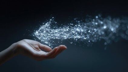 A hand holds a digital arrow of light.  Networked, connected points form the arrow's shape,  floating  above the palm.  Dark background