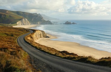 Scenic coastal highway winds along dramatic cliffs overlooking sandy beach, calm ocean. Breathtaking seascape features rolling hills, vast blue water. Perfect for travel, vacation, nature themes.