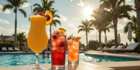 Tropical Cocktails, Poolside Party, Refreshing Drink A collection of vibrant tropical cocktails served in colorful glasses with fruit garnishes, placed