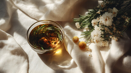 Herbal Infusion Still Life: A calming blend of herbal tea and delicate flowers on a soft cloth surface.