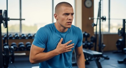 Young fit man clutching chest in pain during gym workout. Sports injury, heart attack, cardiac emergency or exercise-related health issue concept.