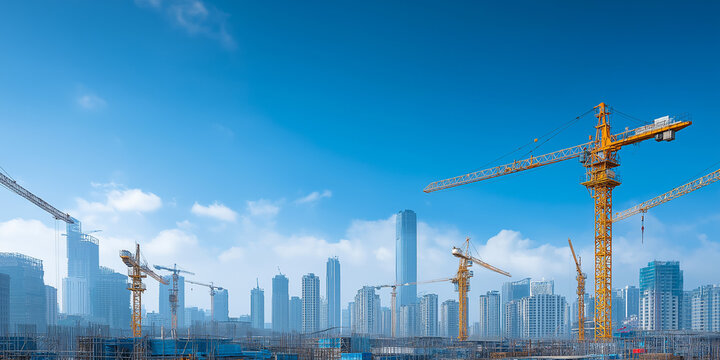 Panoramic view of multiple construction cranes over expanding urban skyline

