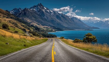 Fototapeta premium Scenic highway winding through a valley, towards snow-capped mountains and a turquoise lake. Lush green hills flank the road, leading to a vista of breathtaking natural beauty