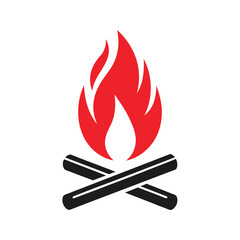 Stylized Icon of a Campfire with Red Flames and Crossed Black Logs on a White Background burning