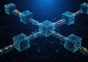 A visually stunning representation of blockchain technology, showcasing digital data flow and network connectivity.