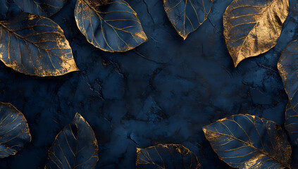 Luxurious arrangement of golden metallic leaves artfully scattered on a rich, textured dark blue background, evoking modern elegance and opulent design for sophisticated visuals