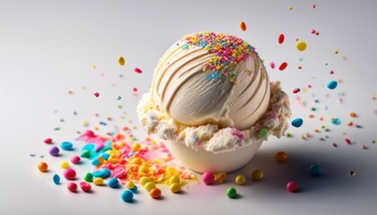 a colorful scoop of ice cream with sprinkles on a light background