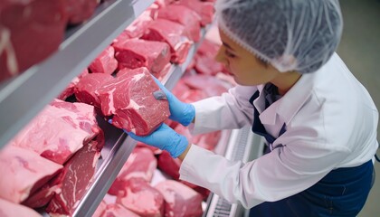 Top side view of a butcher wearing a hairnet and blue gloves inspecting fresh cuts of raw meat in a refrigerated display case.