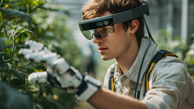 Concept of Smart Farming Agricultural scientist with augmented reality glasses and a robotic glove managing crop health in a futuristic greenhouse.