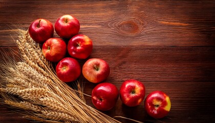 fresh red apples and wheat arranged on wooden background apple saved