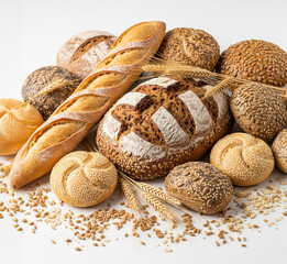 Naturalne pieczywo, kompozycja z bułek, bochenk&oacute;w chleba i kłos&oacute;w zboża, gluten, zbożowy, bagietka