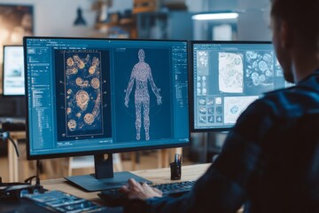 A researcher is focused on intricate data visualizations displayed on two computer screens while working in a contemporary laboratory Generative AI