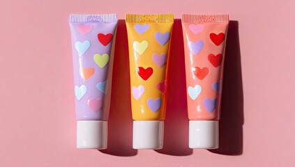 Three tubes of colorful cosmetic product.  Each tube features a repeating pattern of small hearts in various pastel shades against a background of the same hue.  Soft shadows cast by the tubes