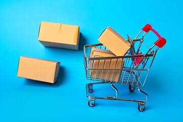 A Miniature Shopping Cart Filled with Small Cardboard Boxes Represents Online Shopping and E-commerce Logistics Delivery Services for Products
