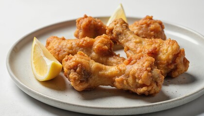 Golden brown crispy fried chicken drumsticks with lemon wedges served on plate. Juicy, tender meat inside. Delicious comfort food for dinner or snack. Fast food, home cooking presentation.
