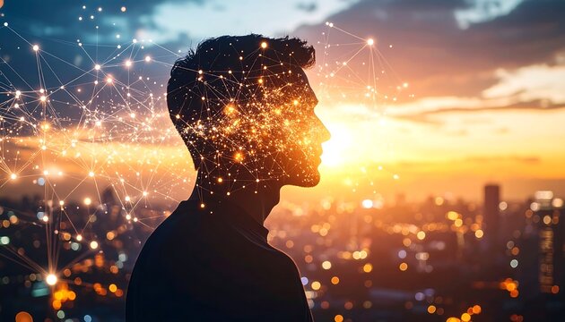Silhouette of a Man with Glowing Neural Network Over Cityscape at Sunset