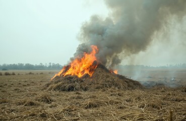 Farmer burns crop residues in vast dry field. Flames, smoke rise from large pile of straw, traditional agricultural waste disposal method. Rural scene seasonal farming practices, harvest aftermath,
