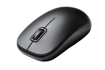 Gray wireless computer mouse.  Oblong shape, smooth surface, single vertical scroll wheel, two main buttons