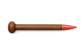 Obraz premium Close-up wooden knitting needle with vibrant red tip, showcasing crafting tool against clean transparent backdrop