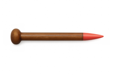 Close-up wooden knitting needle with vibrant red tip, showcasing crafting tool against clean transparent backdrop