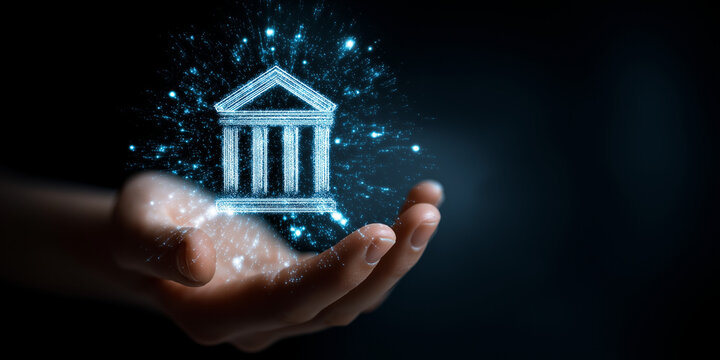A hand holding a virtual bank building with a security shield icon on a dark background