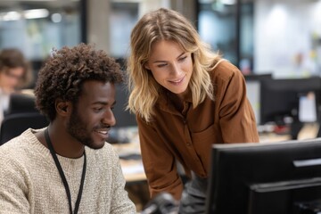 Two coworkers engage in a productive discussion about their project while examining a computer screen in a contemporary office environment Generative AI