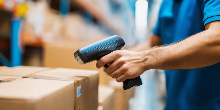Close up of hand using handheld scanner to scan boxes in warehouse