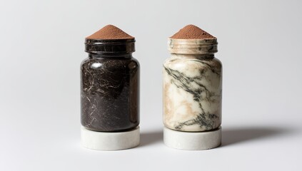 Two cylindrical containers, dark and light marble, topped with cocoa powder