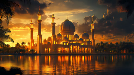 Golden Mosque at Sunset A Serene Reflection on Water