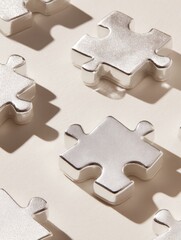 Silver puzzle pieces arranged on a light beige surface