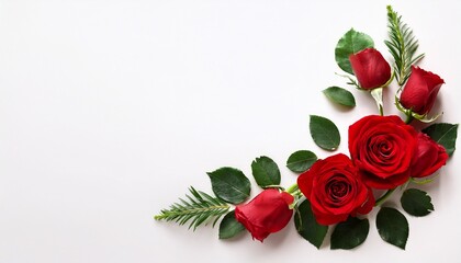 isolated corner floral arrangement featuring red roses buds and greenery on a white background