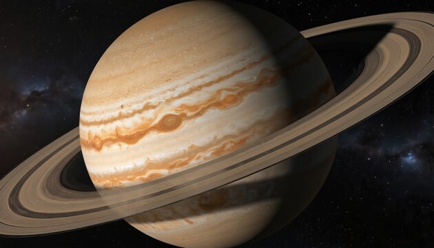 Jupiter with prominent rings detailed in stunning close-up view against dark cosmic background, distant stars. Gas giant planet exhibits swirling atmospheric bands, prominent Great Red Spot.