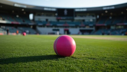 Pink cricket ball rests on green grass field at stadium. Blurred players in background. Focus on ball detail, texture. Sunny day outdoor sports scene perfect for game promotions, athletic lifestyle