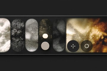 Different textures and patterns are arranged on elongated shapes against a dark background, showcasing a blend of colors and designs Generative AI