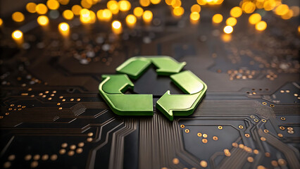 Green metallic recycling symbol prominently displayed on a dark electronic circuit board with blurred bokeh lights in the background