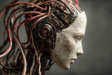 A lifelike robotic head showcases detailed circuitry and wires, illuminated subtly in a dim environment, emphasizing its features and mechanics Generative AI