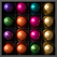 Assortment of Colorful Coffee and Espresso Capsules for a Pod Machine.