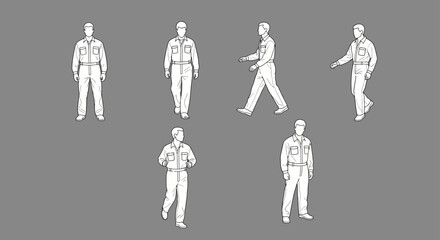 Man in Coveralls Various Poses and Actions Illustration