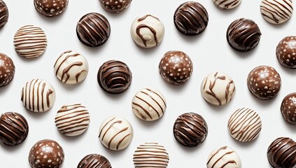 Assorted round chocolate truffles, various patterns and colors,  arranged on a white surface