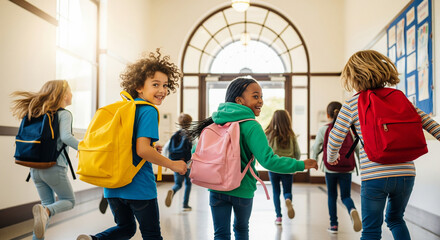 A group of children running excitedly through the school corridors with backpacks on their shoulders.