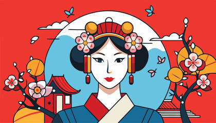 Cartoon illustration of a smiling japanese woman with flowers in her hair