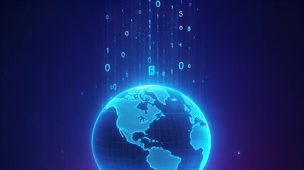 Dynamic Zoom in on Glowing Digital Globe Showcasing Technological Advancements and Data Flow Through Binary Codes - Powered by Adobe