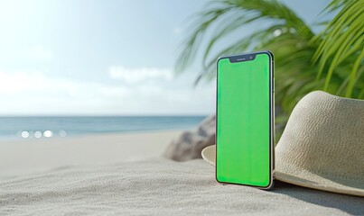 Smartphone with blank green screen on a beach