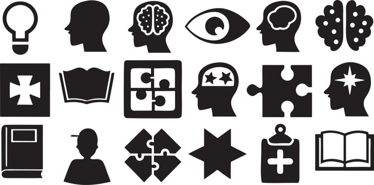 Isolated dyslexia awareness icons, puzzle brain, child learning, open book, reading issue, confused alphabet, support system, cognitive symbol, dyslexia concept, school aid