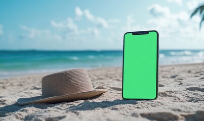 Smartphone with green screen on sandy beach.  Straw hat beside it. Ocean view