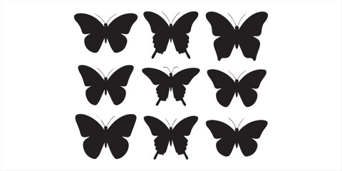 Vector set of silhouettes of flying butterflies black butterflies isolated on white