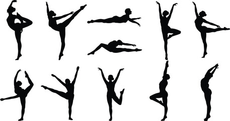 Ballet silhouette collection, graceful dancers, elegant motion, artistic poses, classical choreography, female ballerinas, dance vector art, performance clipart, expressive movement