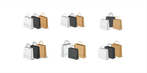 Realistic vector icon white black and brown carton shopping bags isolated on white background