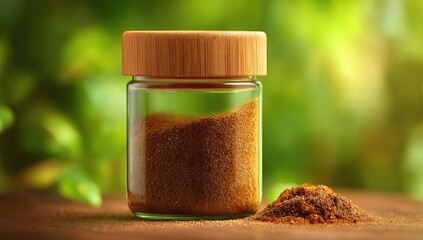 A small, clear glass jar with a light brown bamboo lid holds a reddish-brown spice.  A pile of the same spice sits beside the jar on a wooden surface. Blurred green foliage forms the background